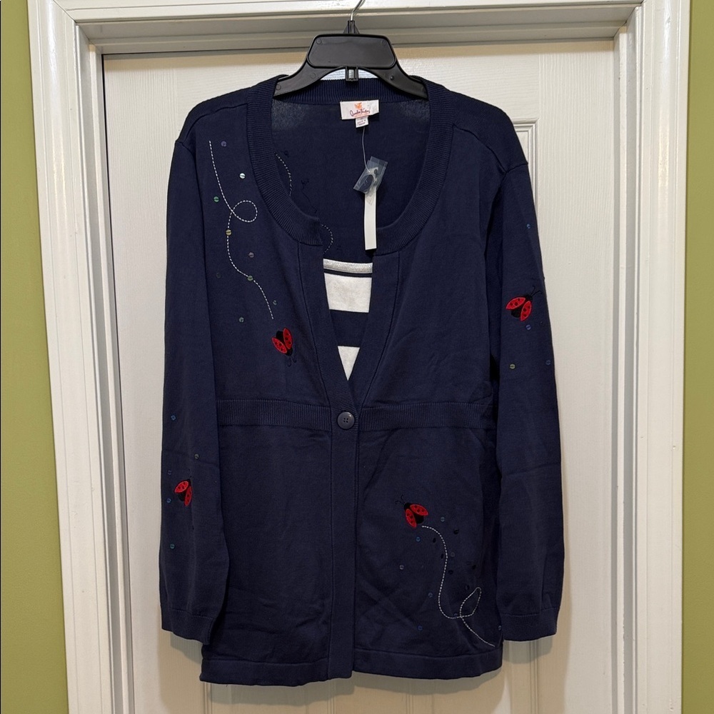 Quacker Factory NWT 1X Ladybug Embroidered 2fer Cardigan Sweater Top